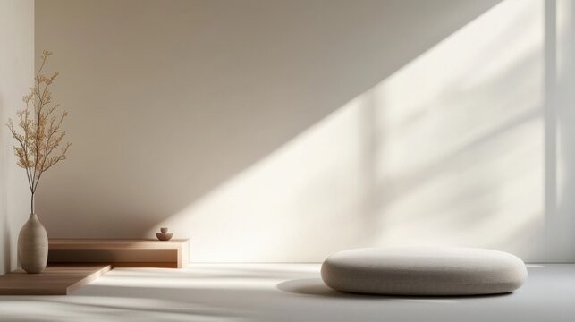 Modern minimalist meditation area with minimal decor. Featuring a clean, open design with sleek lines