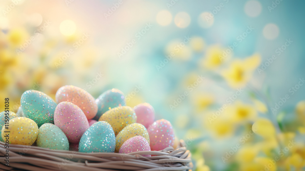 Poster pastel-colored, glitter-covered easter eggs nestled in a wicker basket against a backdrop of blurred