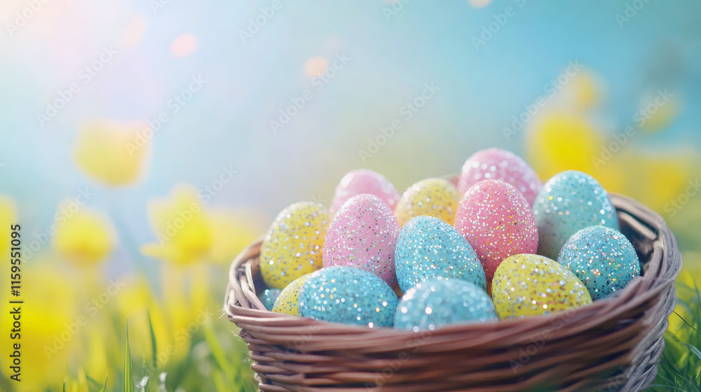 Poster easter eggs with soft-hued glitter in wicker basket on grass with blurred yellow tulips in backgroun