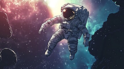 An astronaut floats in space amidst colorful cosmic elements and asteroids.