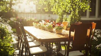 Fototapeta premium Outdoor garden brunch setting with colorful flowers sunday gathering serene atmosphere natural light
