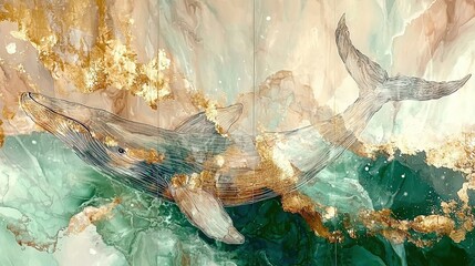 Naklejka premium Two golden humpback whales gracefully swim through azure waters