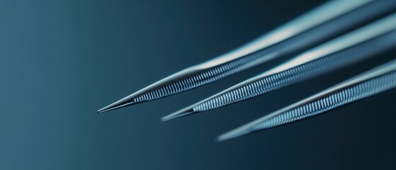 Close-up of three sharp, metallic points, possibly needles or probes, angled against a dark-blue background.