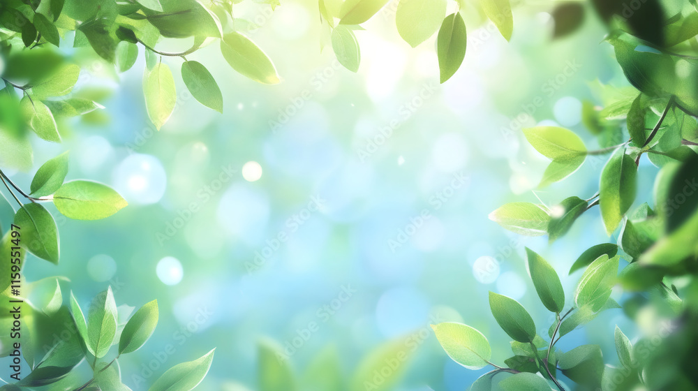 Poster green leaves frame a blurred bokeh background with sunlight shining through, evoking a fresh spring 