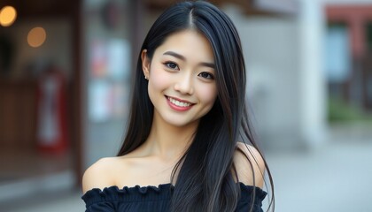 A young woman, Korea superstar girl, Straight black hair, off shoulder, smiling at the camera.full body