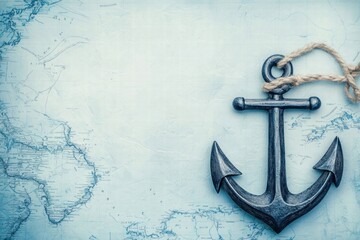 Nautical anchor resting on a vintage maritime map with ample space for text addition. Generative AI