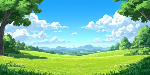 Open countryside with green fields and distant mountains
