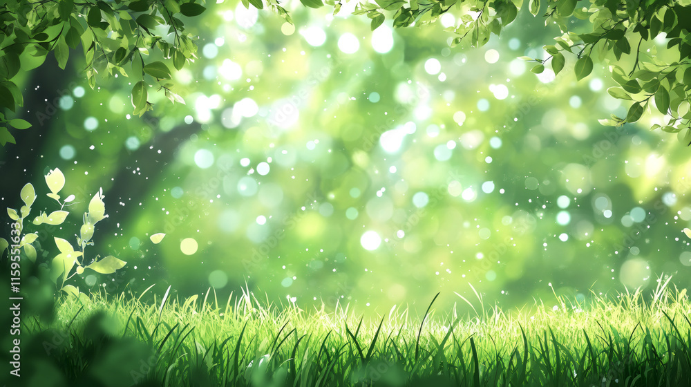 Poster vibrant bokeh background with green grass and lush leaves sets the perfect scene for easter projects