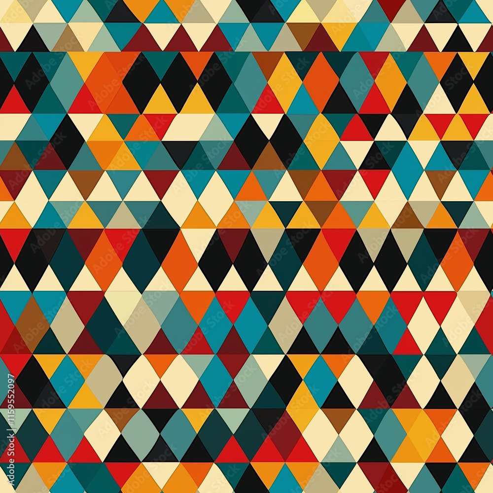 Poster colorful geometric pattern featuring interlocking triangles in various shades, creating a vibrant an