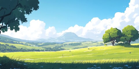 Obraz premium Bright grassland surrounded by trees and clear skies