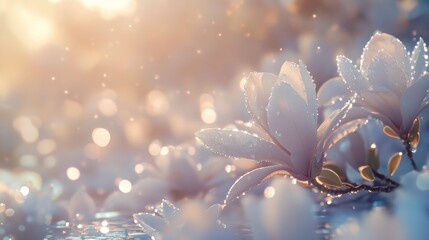 Fototapeta premium Magnolia tree covered in large white flowers, each with small drops of water that reflect the morning sun. generative ai