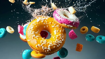 Vibrant donuts burst with colorful sprinkles in an artistic slow-motion experience. This dynamic spectacle showcases food creativity in a unique and fun way.