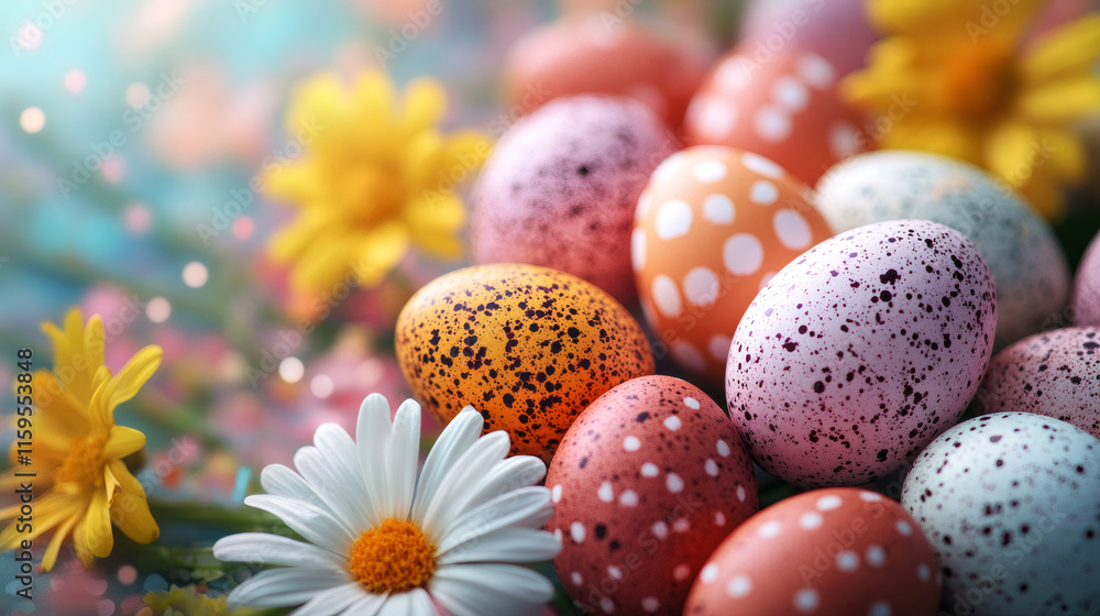 Poster festive and joyful atmosphere: easter eggs with various patterns and colors among spring flowers