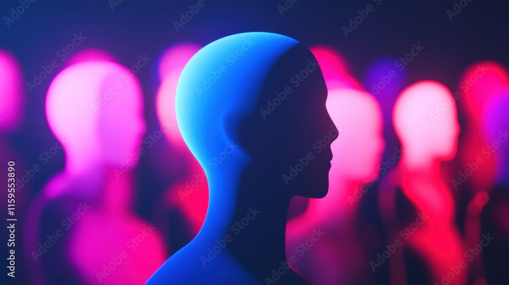 Poster colorful abstract faceless avatars in profile view with a gradient background and space for text ove