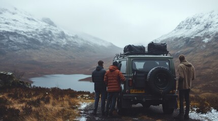 Adventurers pause at scenic highland lake view
