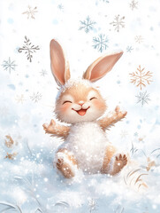 Fototapeta premium Charming illustrated rabbit joyfully playing in the snow during wintertime, surrounded by snowflakes and a cheerful atmosphere