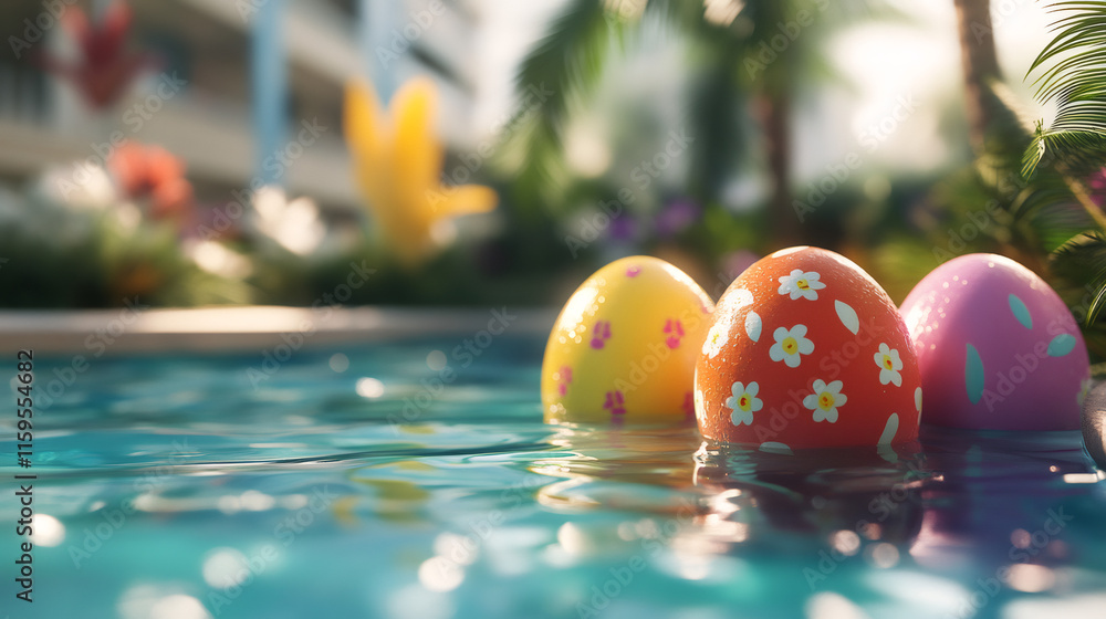 Poster easter eggs floating in the crystal-clear water of a tropical resort swimming pool, adding a unique 