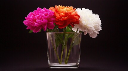 Fototapeta premium A black table holds a vase filled with colorful flowers, while a white vase nearby contains red, orange, and pink blossoms