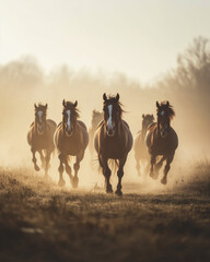 Group of horses running through dusty field at sunrise