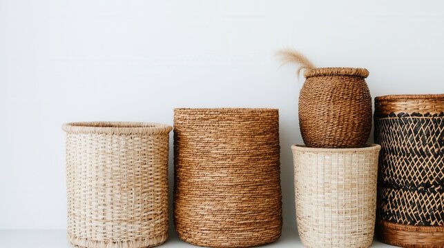 Handgewebte K&ouml;rbe in minimalistischem Ambiente als Dekoration f&uuml;r das Zuhause