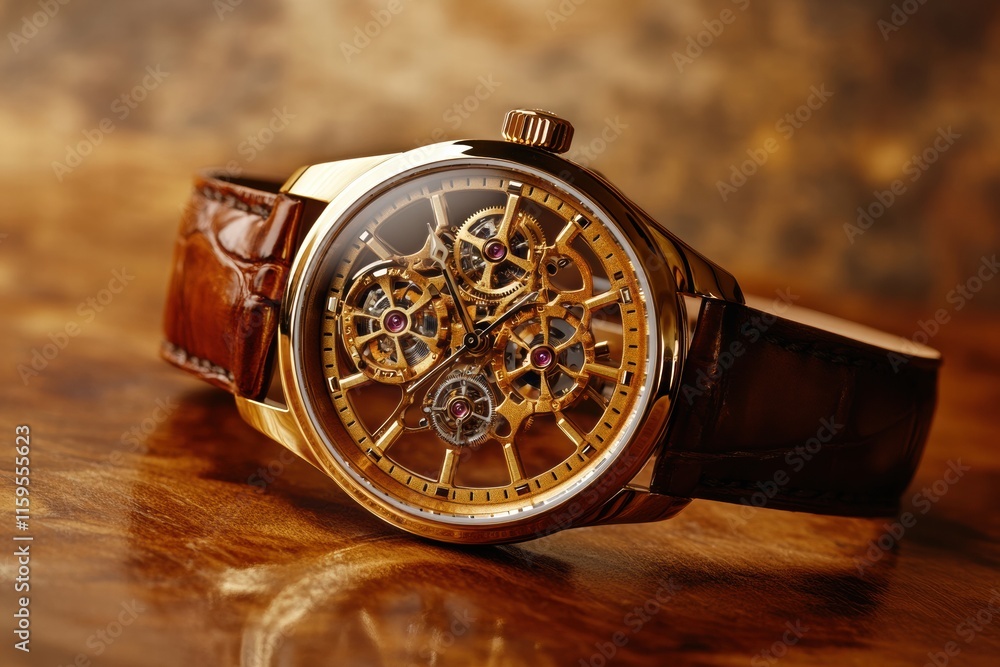 Poster luxury wristwatch with an intricate golden frame showcasing an elegant design and craftsmanship on a