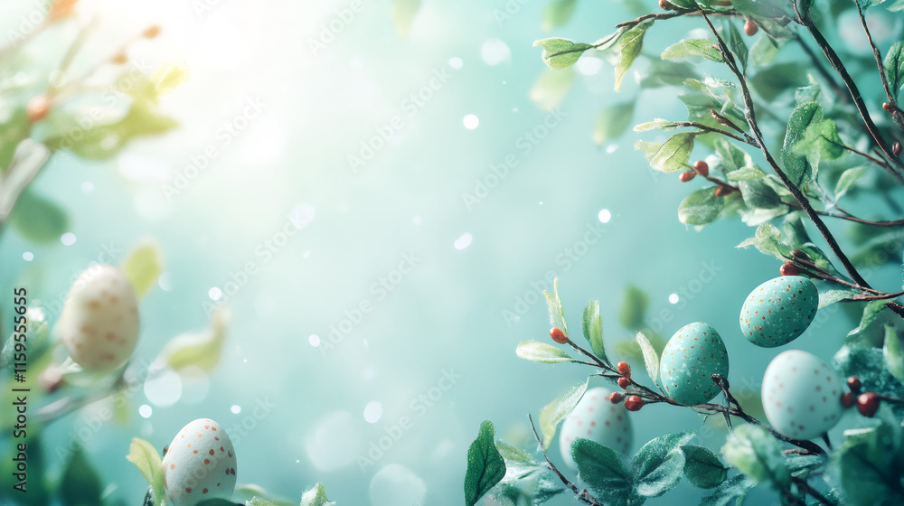 Poster easter eggs hanging on blooming branches, illuminated by spring sunlight, create a festive and dream
