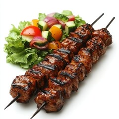 Juicy pieces of meat on a champ&uacute; with roasted vegetables. Grill and fresh spices.