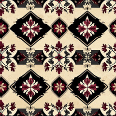 Seamless block-print carpet pattern for elegant interiors living room textile design warm color palette top-down view home decor concept