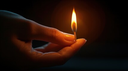match burning in fingers in macro isolated on black background close up copy space