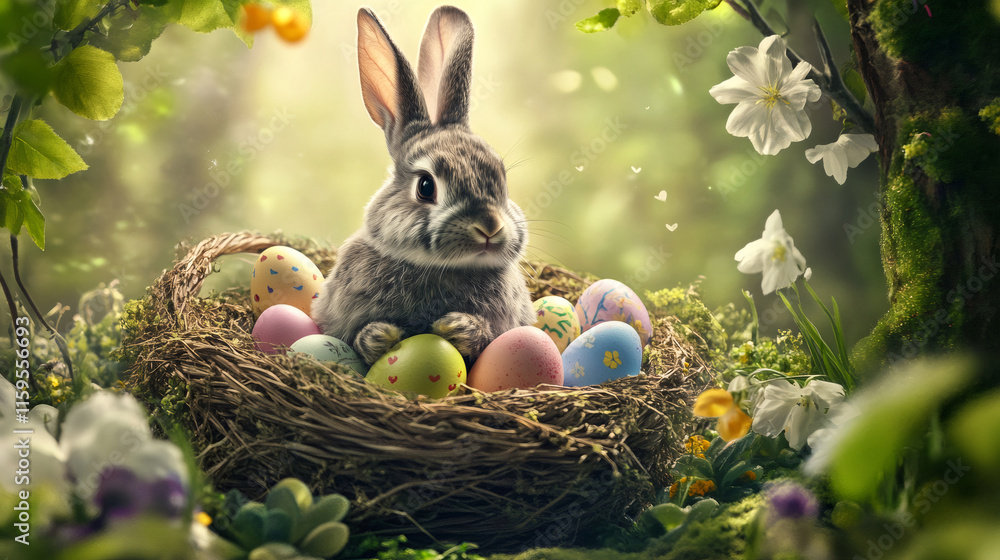 Poster cute easter bunny relaxing in a nest full of colorful decorated eggs in a beautiful spring forest