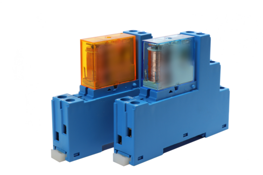 A relay module for controlling electrical loads over a data bus. Soft focus. Transparent background in png.