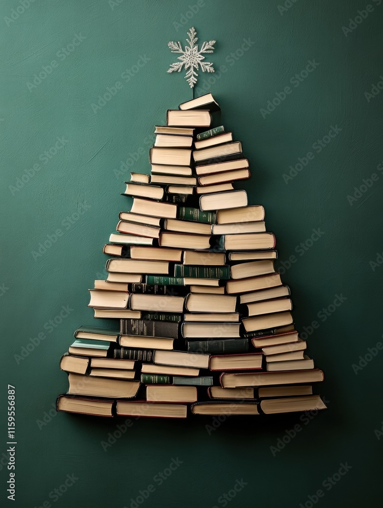 Poster creative christmas tree design made entirely of stacked books against a green background. generative