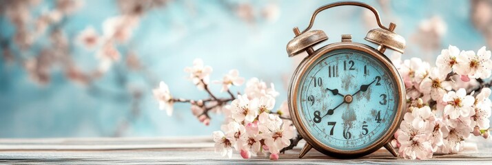 Daylight saving Time, Spring forward, Summer back concept with clock on light background and springtime flowers