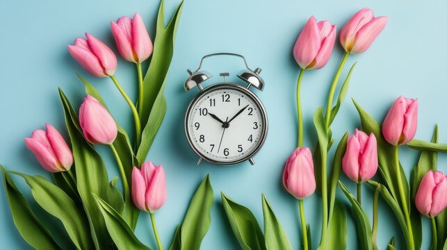 Daylight saving Time, Spring forward, Summer back concept with clock on light background and springtime flowers