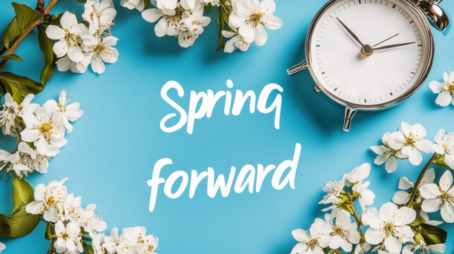 Daylight saving Time, Spring forward, Summer back concept with clock on light background and springtime flowers