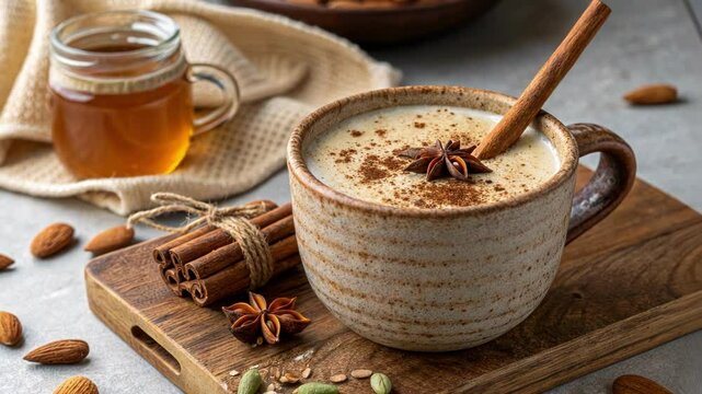 Aromatic masala chai fills a rustic mug, garnished with star anise and cinnamon powder, accompanied by honey, cinnamon sticks, star anise, cardamom pods, and almonds on a wooden board