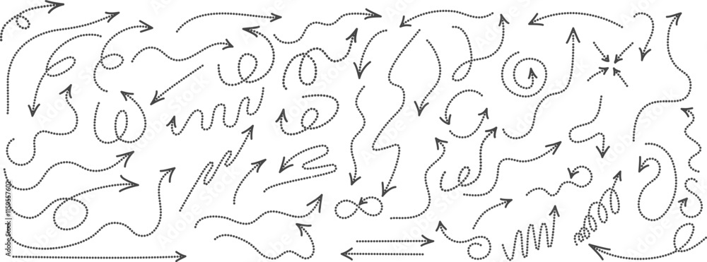 Poster Set of curved arrows with dotted lines. Vector collection of zigzag arrows with dotted lines, curved pointers indicating a complex path .