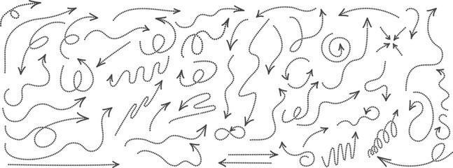 Set of curved arrows with dotted lines. Vector collection of zigzag arrows with dotted lines, curved pointers indicating a complex path .
