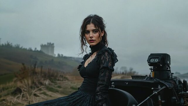 Cinematic anamorphic 4K render depicting historical period scene. Figure in Victorian dress stands beside horse-drawn carriage against moody countryside backdrop with distant castle ruins.