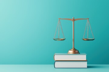 A balanced scale rests on stacked books against a turquoise background, symbolizing justice, law, and education.