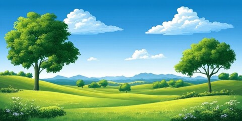 Green valley with mountains and clear blue sky