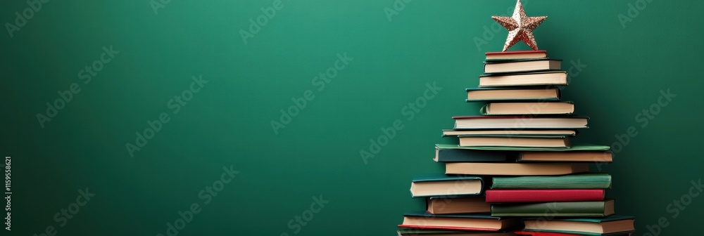 Poster unique christmas tree design made entirely of stacked books on a vibrant green backdrop. generative 