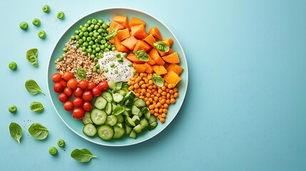 A minimalist, artistic presentation of a dish featuring all five food groups, with a healthy mix of vegetables, grains, protein, fruits, and dairy, soft natural lighting and gentle shadows that