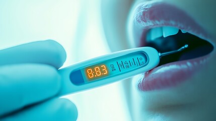 Obraz premium Close-up of a thermometer in a patient’s mouth, displaying a digital temperature, fever check, health monitoring.