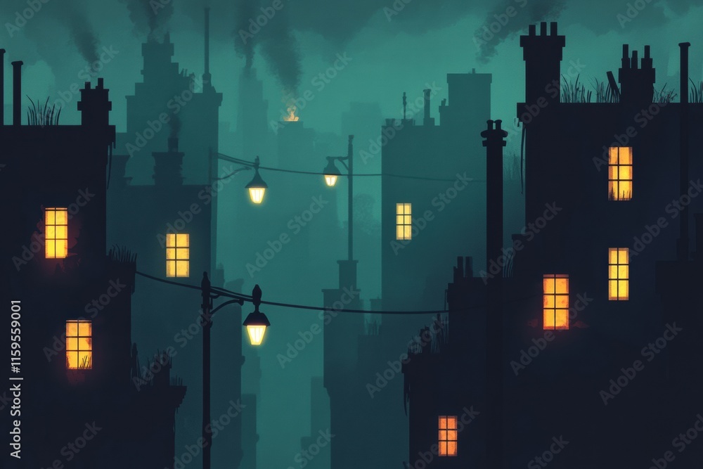 Aufkleber Dark city skyline with illuminated windows during a foggy night in an urban environment. Generative AI