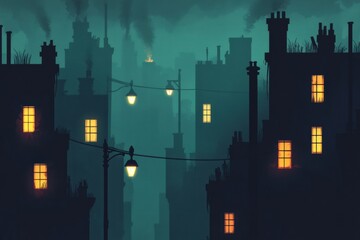Dark city skyline with illuminated windows during a foggy night in an urban environment. Generative AI