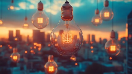 Lightbulbs of different shapes and sizes floating above a cityscape, diverse ideas, creative business landscape.