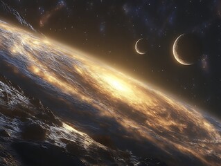 Obraz premium Alien planet sunrise with moons.