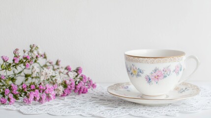 Elegante Vintage Teetasse auf Spitzendeckchen mit Frühlingsblumenarrangement
