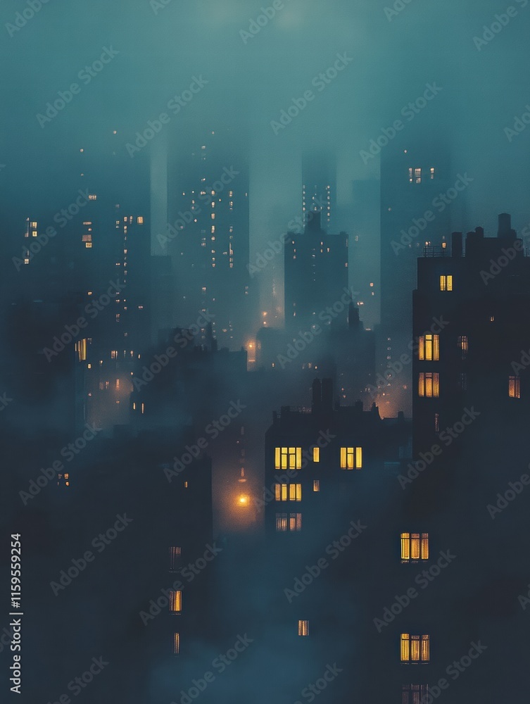 Aufkleber Dark urban skyline with illuminated windows creating a mysterious nighttime atmosphere. Generative AI